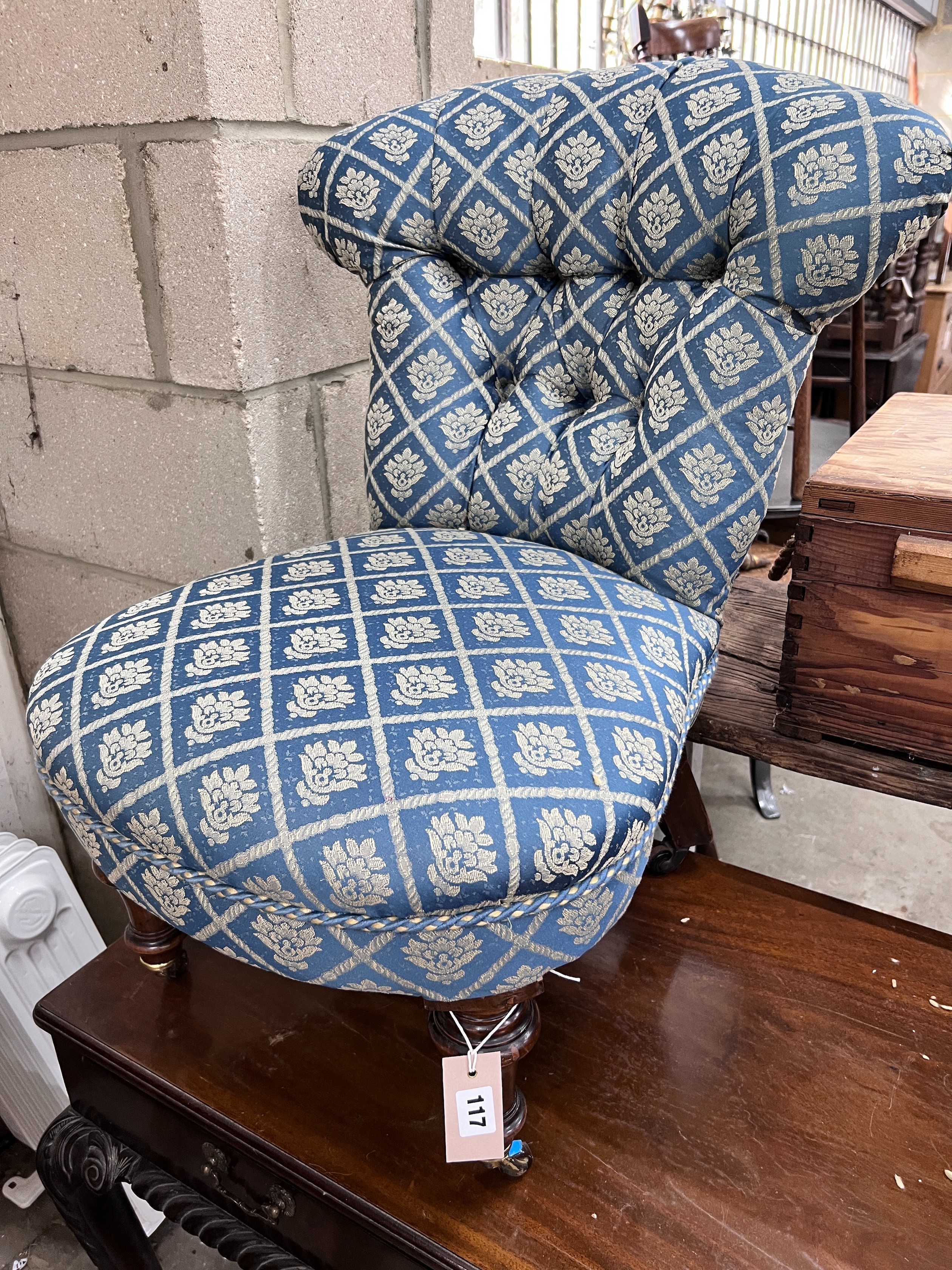 A Victorian button side chair, width 48cm, depth 44cm, height 74cm *Please note the sale commences at 9am.